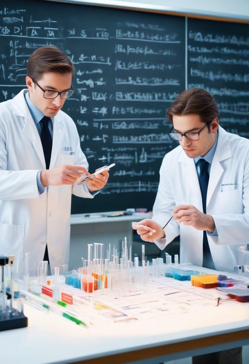 An inspiring and organized laboratory scene featuring scientists collaborating on research, with innovative tools and supplies like pipettes, test tubes, and high-tech instruments. Incorporate bright, focused lighting that highlights the supplies and a large chalkboard filled with complex equations in the background. The overall atmosphere should convey teamwork and groundbreaking discoveries. super-realistic. vibrant colors. white background.