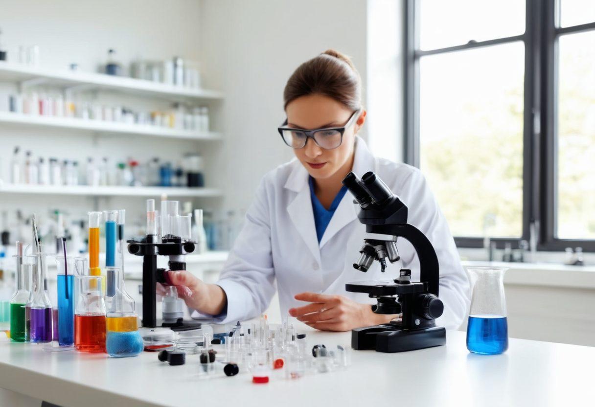 A well-organized laboratory scene showcasing essential laboratory equipment such as microscopes, test tubes, pipettes, and safety gear. The setting should include a bright, airy ambiance with sunlight streaming through large windows, emphasizing a clean and efficient workspace. Add a scientist actively conducting experiments, surrounded by various lab tools and colorful liquids to convey a sense of innovation. super-realistic. vibrant colors. white background.