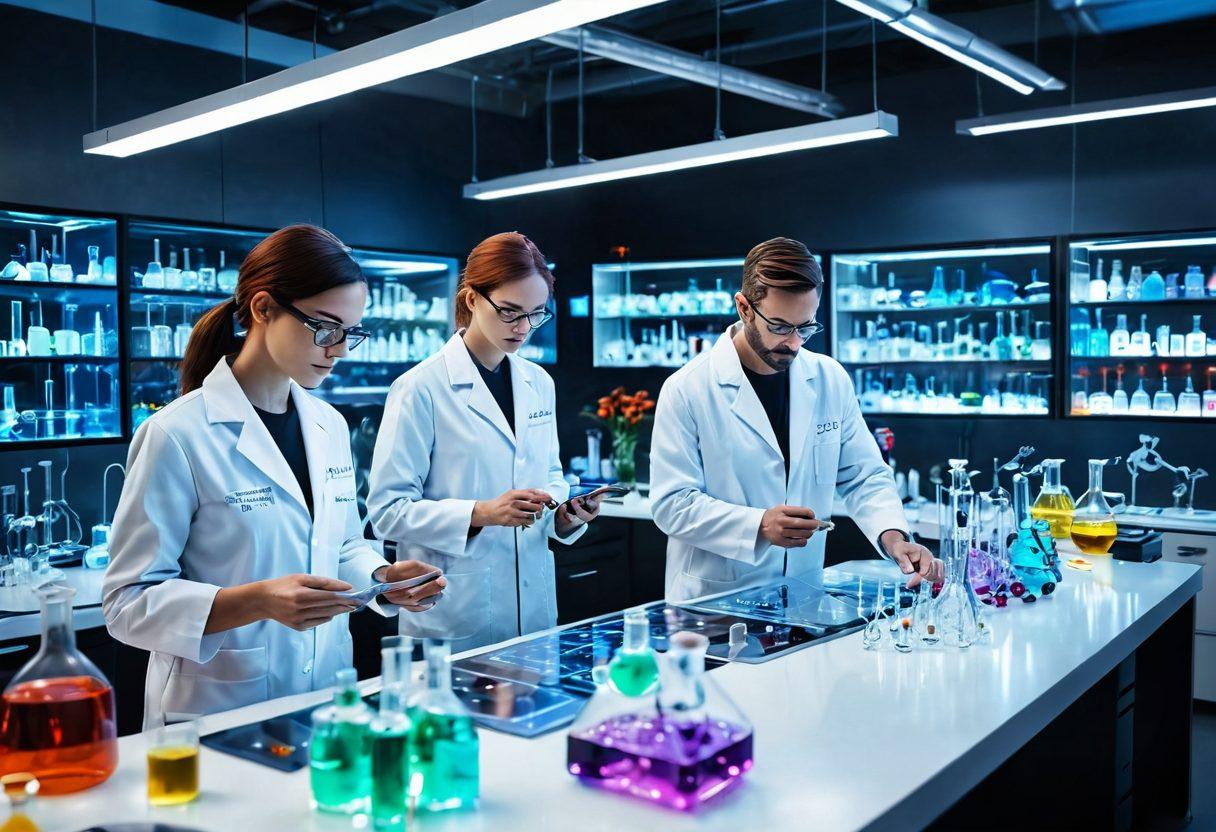A futuristic laboratory filled with advanced equipment, showcasing cutting-edge technology like holographic displays, robotic arms, and intricate glassware. Scientists in lab coats passionately collaborating, surrounded by colorful chemical reactions and a high-tech workspace. The environment is bright and dynamic, symbolizing innovation and discovery. super-realistic. vibrant colors. 3D.